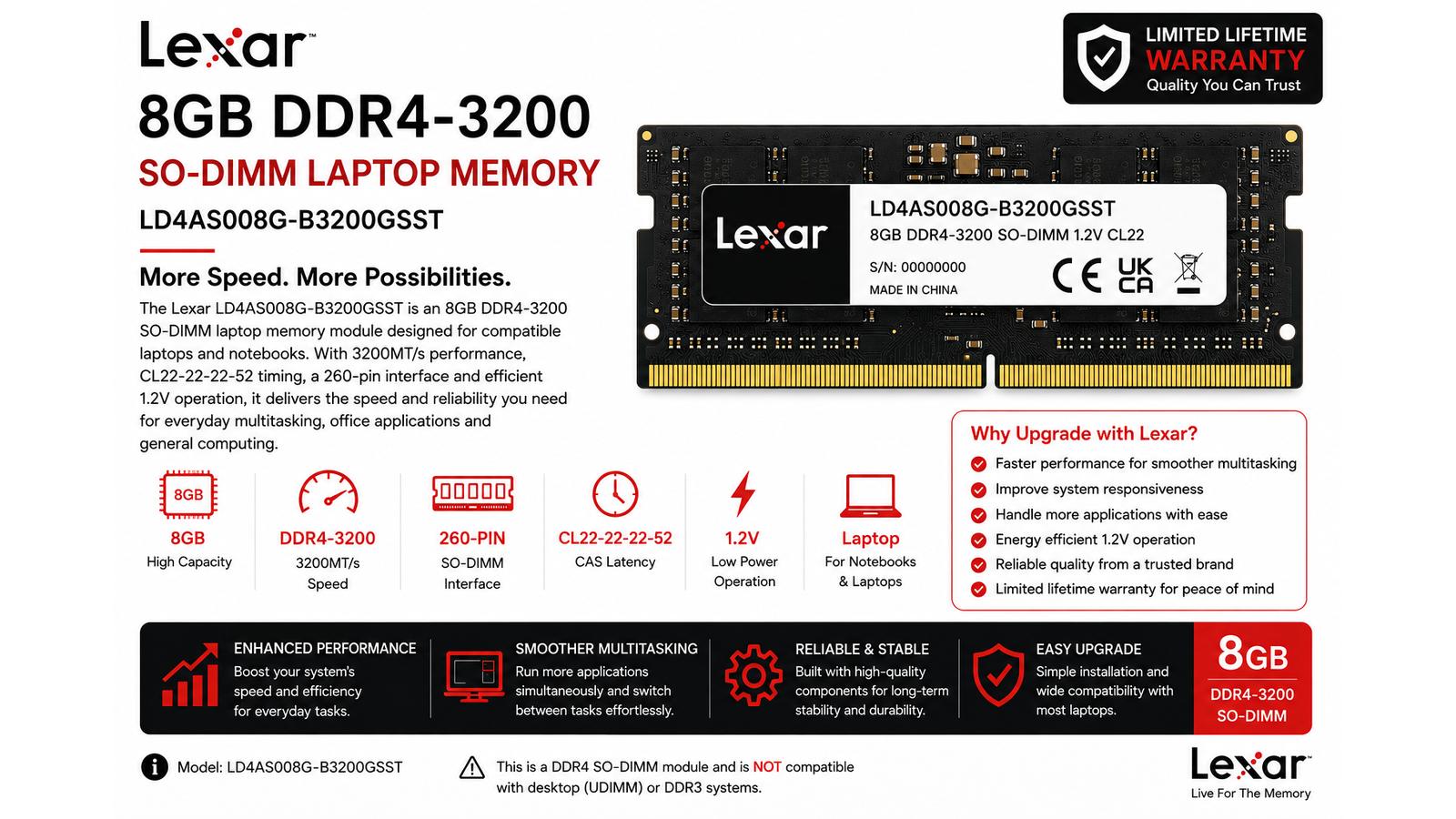 Lexar LD4AS008G-B3200GSST, 8GB DDR4-3200 Laptop RAM, 3200MT/s, CL22, 260-Pin SO-DIMM, 1.2V, Warranty | LD4AS008G-B3200GSST
